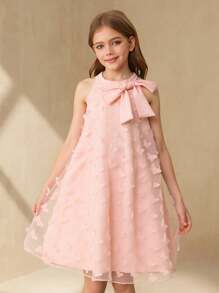 Tween 女童圆领无袖连衣裙，采用蝴蝶结设计，蝴蝶纹理面料，优雅，适合派对、婚礼、伴娘 - 粉色 - 查看 1