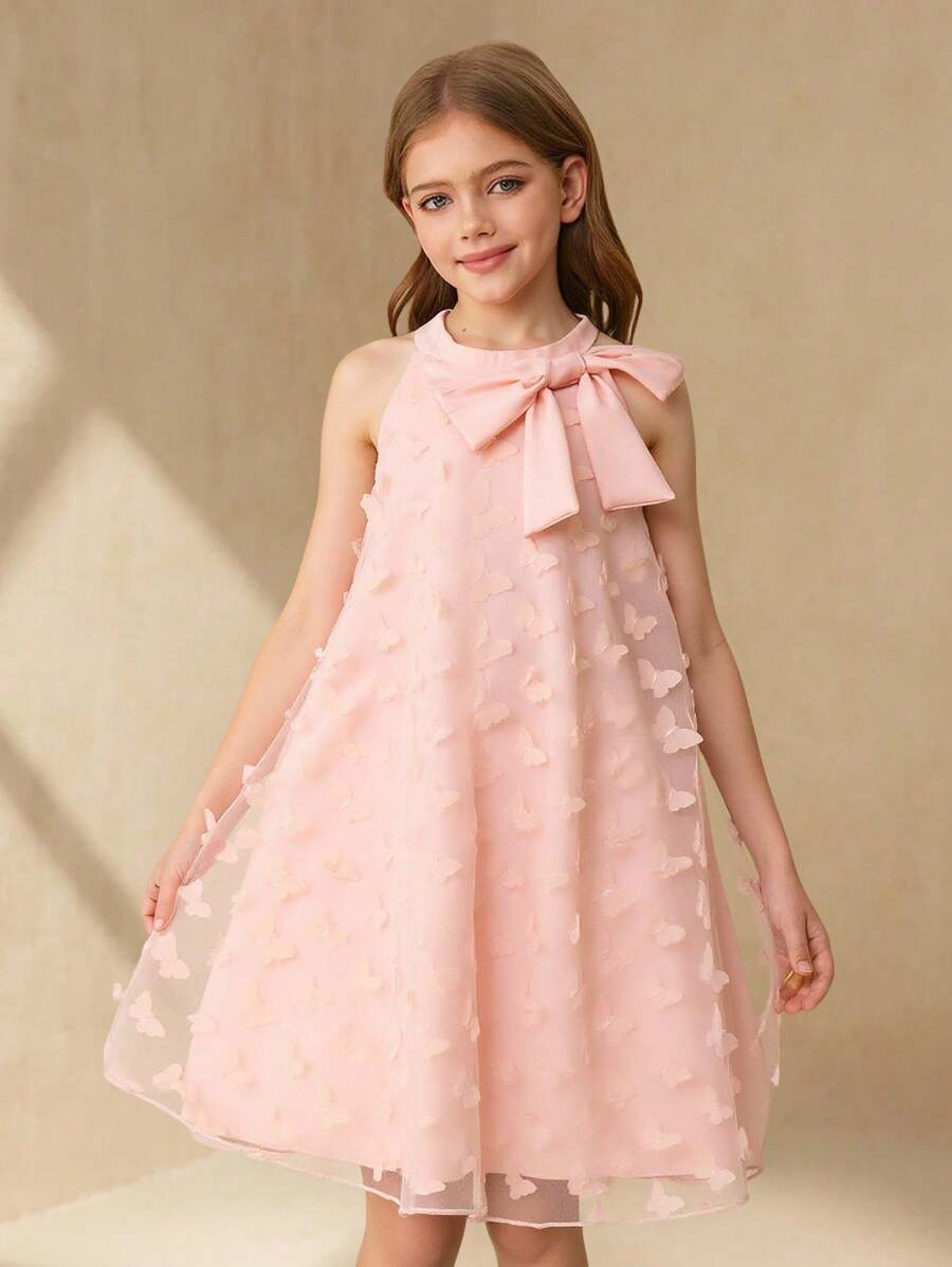 Tween 女童圆领无袖连衣裙，采用蝴蝶结设计，蝴蝶纹理面料，优雅，适合派对、婚礼、伴娘 - 粉色 - 查看 1
