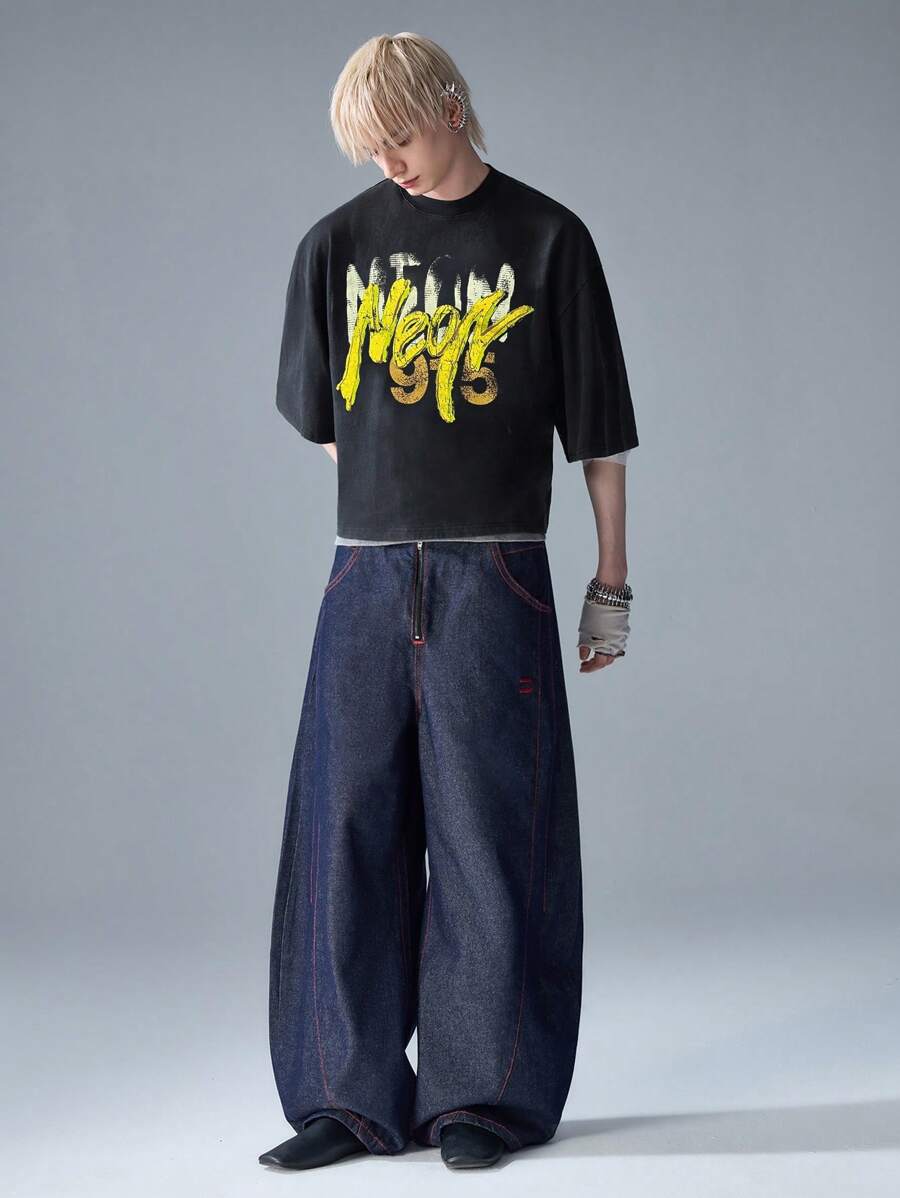 NEON BLANC 男士街头时尚针织圆领字母印花短袖 T 恤，街头服饰 - 黑色 - 查看 1