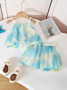 2 件套女婴夏季韩版甜美套装，幼儿女孩新款时尚吊带上衣和短裤 - 彩色 - 查看 1