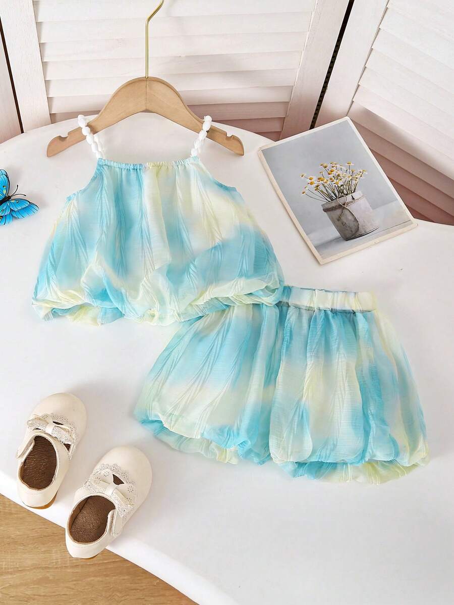 2 件套女婴夏季韩版甜美套装，幼儿女孩新款时尚吊带上衣和短裤 - 彩色 - 查看 1