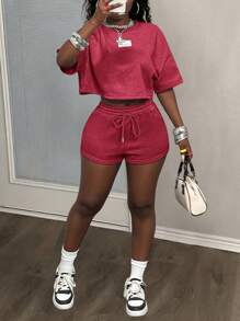 Slaydiva 2 Stücke/Set Frühling/Sommer 2025 Lässig Sport Streetwear Damen Rundhals Kurzarm T-Shirt und Shorts, Schneeflocken Stoff Sweatshirt Outfit