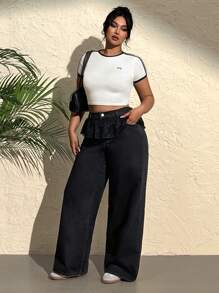 SHEIN EZwear Plus Size Women Waist Splicing Lace Ruffle Loose Wide Leg Jeans - Black - View 6