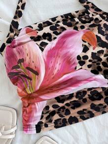 SHEIN Tween Girls Leopard Print & Floral Pattern Halter Neck Casual Tank Top, Versatile For Daily Wear