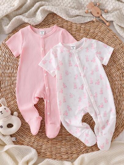 Newborn Simplistic Snygg Vit & Rosa Söt kanintryck Kortärmad Lång Jumpsuit Romper för hembruk