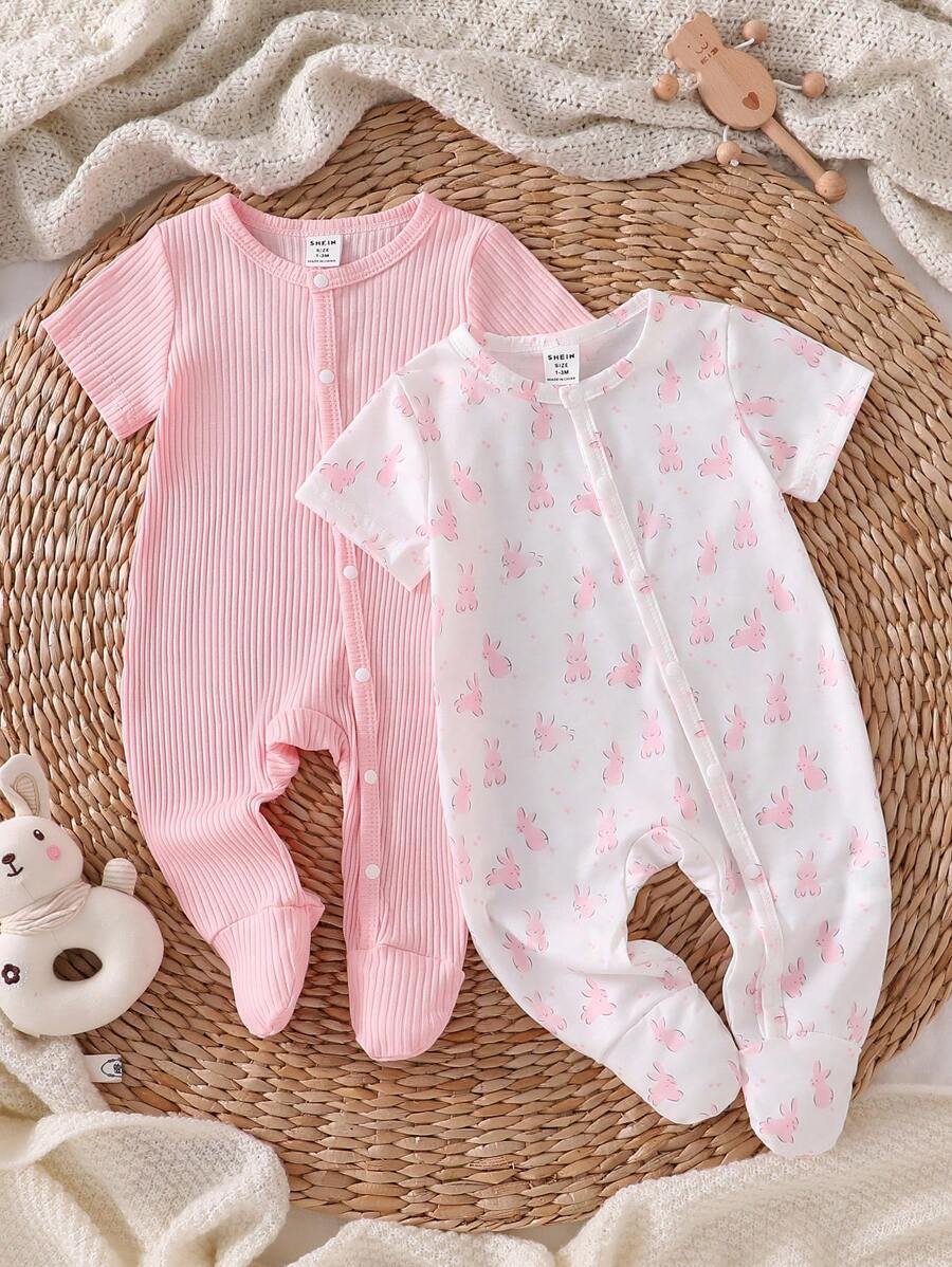4pcs Newborn Simplistic Stylish White & Pink Cute Rabbit Print Short Sleeve Long Jumpsuit Romper For Home Wear - Multicolor - View 1