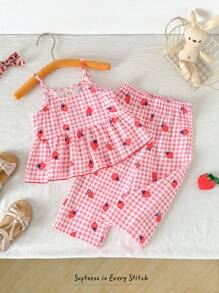Cozy Pixies Bộ 2 món áo dây nhún bèo in họa tiết quả dâu tây cho bé gái và quần lưng chun - Đỏ - Xem 6