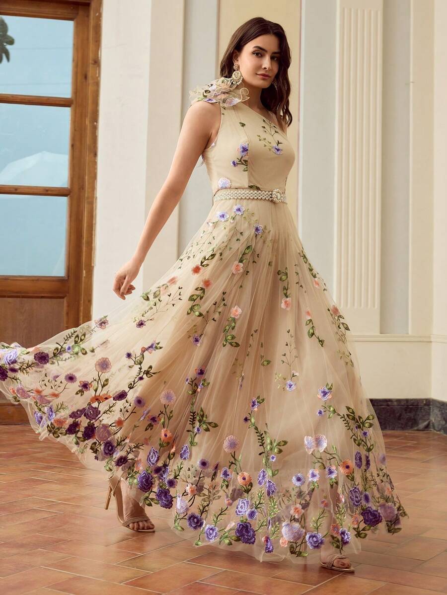 ZEYLAH Women's Asymmetric Collar Embroidered Mesh Dress,Dresses For Women Summer - Purple - View 1