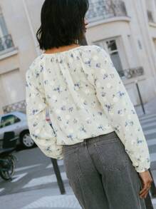 lacRébo Long Sleeve Vintage Floral Embroidered Vacation Blouse With Tie Neck Detail Teacher Top Chic Top Going Out Top Spring Summer - Multicolor - View 2