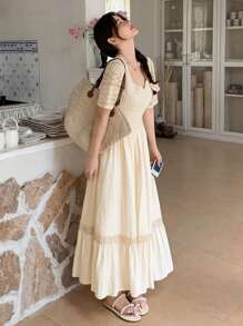 DAZY Vestido de verano de largo medio con diseño de volantes en el bajo y parches de encaje de unicolor de manga corta para mujer - Beis - Ver 3