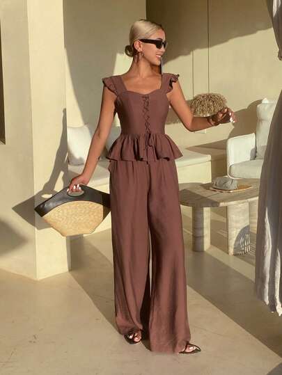 Livesso Summer New Women's Solid Color Casual 2 Pieces Set