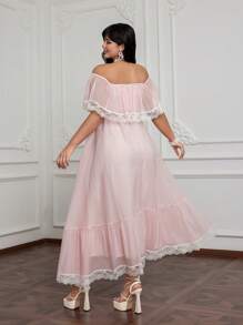 Flirla 时尚夏季宽松粉色蕾丝边露肩飘逸长裙 - 粉色 - 查看 3