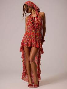 MUSERA 露背深V系带印花雪纺层叠荷叶边长裙，适合婚礼宾客、毕业典礼、生日、舞会、夏季、可爱、度假、节日、性感、优雅、伊比沙岛海滩、夜生活、婚礼宾客、优雅约会之夜、秋季派对等场合穿着。 - 彩色 - 查看 2