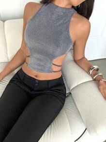 Aloruh 女士圆领无袖镂空细肩带金属线音乐节露脐性感背心 - 銀色 - 查看 5