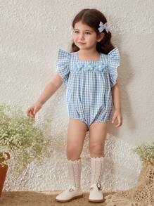 Blossori Baby Girls' Country Style Blue Plaid Ruffle Sleeve Bodysuit - Blue and White - View 6