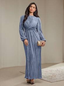 Veilorie Vestido plisado con nudo a la cintura de unicolor elegante para mujer, modesto para primavera y otoño