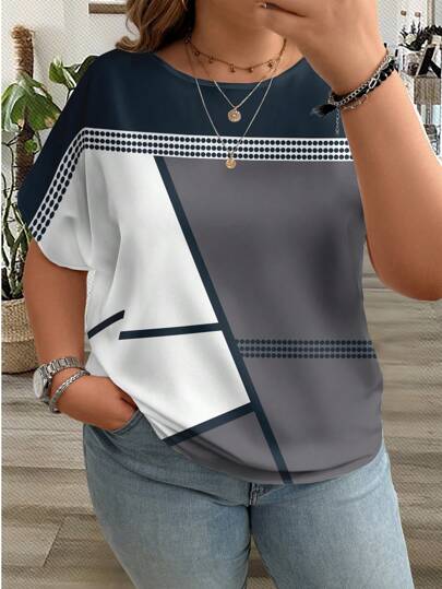 EMERY ROSE Camisa de Manga Curta com Gola Redonda, Estampa de Retalhos, Casual Plus Size, Primavera/Outono, Para Verão
