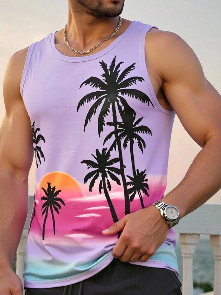 Manfinity Dauomo Men's Casual Palm Tree Printed Round Neck Top - Purple - View 1
