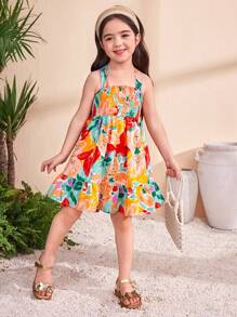 SHEIN 少女编织热带植物印花蝴蝶结装饰松紧腰短裙，假日风格印花吊带裙，适合夏季海滩度假、母女/姐妹亲子装、家庭度假/节日穿着。 - 彩色 - 查看 4