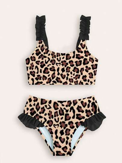 Young Girl Leopard Print Ruffled Swimsuit Set Young Girls Sets Young Girl Summer Outfits Bathing Suits For Girls Young Girls Bikini Sets Swimsuits For Girls 7 8 Bathing Suits For Girls One Price