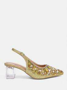 CUCCOO CURVES Giày cao gót hở mũi pha lê thời trang nữ, giày cao gót hở mũi lấp lánh màu bạc, thích hợp để đi chơi, dự tiệc, tiệc tùng và các sự kiện khác - Vàng - Xem 2