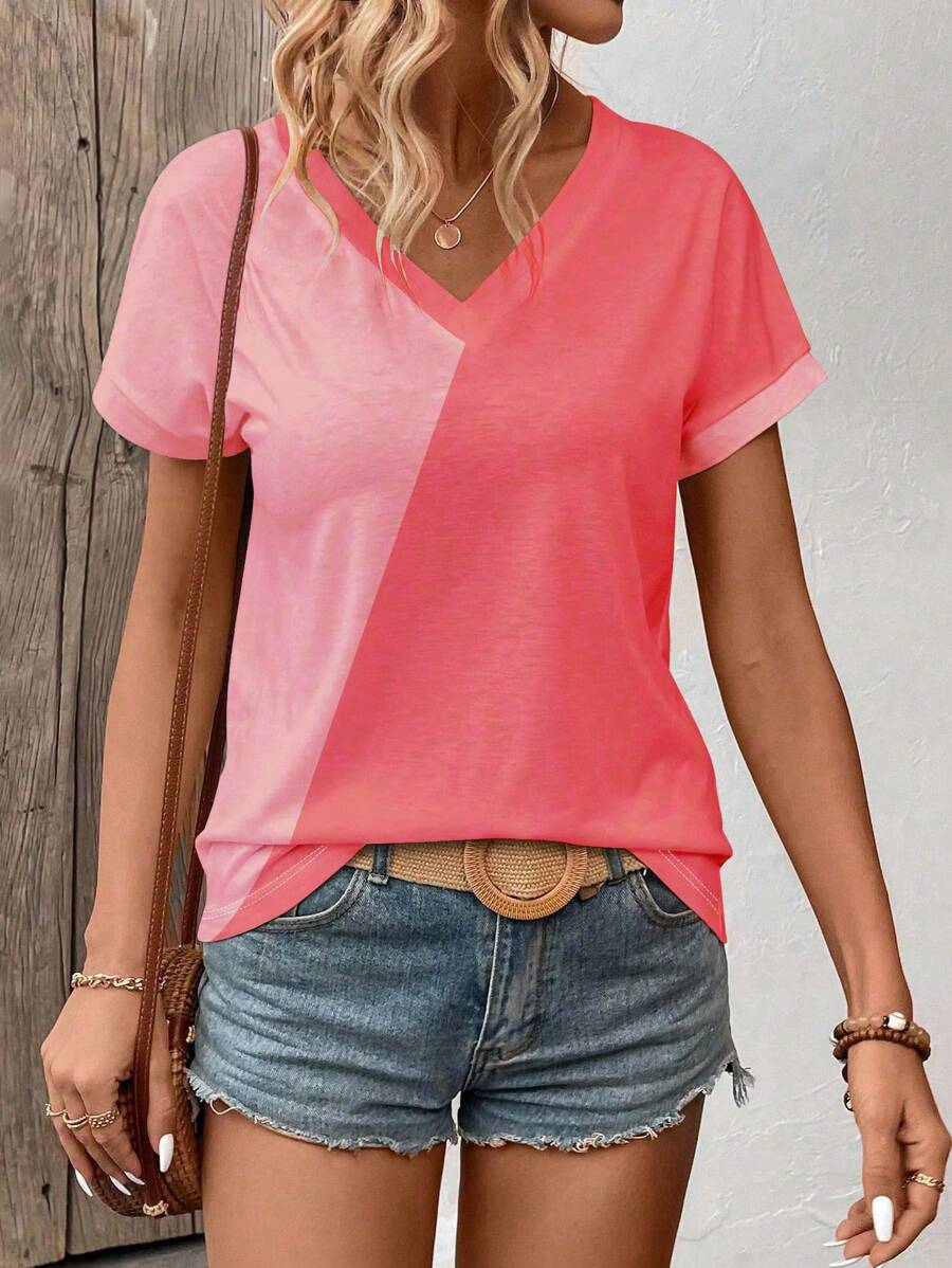 SHEIN LUNE Áo thun nữ cổ chữ V màu tương phản tay ngắn thường ngày, đa năng cho mùa hè - Nhiều màu - Xem 1