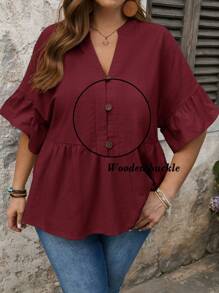 SHEIN LUNE Plus-size effen V-hals korte mouwen geplooide enkelrijs casual overhemd