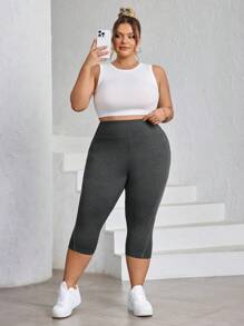 SHEIN CURVE+ Collant alla moda e casual di colore grigio scuro di taglia oversize con tasche/t-shirt con grafiche per donna