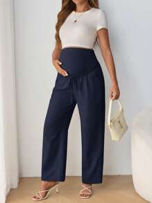 SHEIN Maternity Adjustable Drawstring Waist Bowknot Belly Support Straight Leg High Waist Pants - Navy Blue - View 5