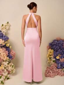 SHEIN Belle Elegante abito da sirena con collo alla francese in raso, arricciature, torsione, spacco alto e schiena scoperta, adatto per matrimoni, eventi, appuntamenti, damigelle d'onore