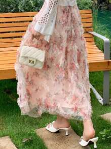 Celisse Women's Sweet Romantic Vacation Slimming Floral Print Layered Ruffle Trim Mesh Skirt, Spring/Summer Fall Cloth For Women - Multicolor - View 2