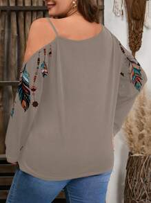 SHEIN LUNE Plus Size Women Casual Minimalist Full-Width Feather Print Asymmetrical T-Shirt, Spring Autumn Fall Top - Multicolor - View 2