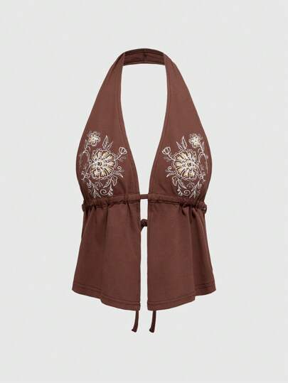 Hippie Camisola de tirantes finos sin espalda con bordado floral estilo bohemio para mujer