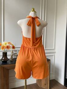 SHEIN EZwear Plus Size Orange Halter Tie-Waist Ruffle Decorated Jumpsuit, Resort Style For Spring/Summer - Orange - View 2