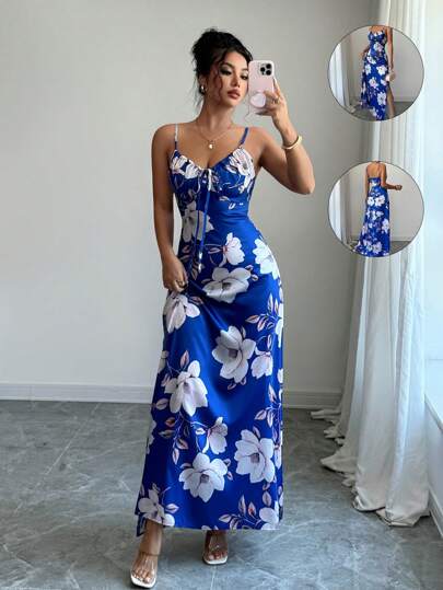 Elenzga 女士优雅、时尚、浪漫、复古休闲舒适无袖花卉印花缎面长裙，配腰带，适合音乐节、节日、度假（随机花卉印花）