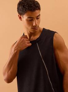 Musero Men Sleeveless Zip Through Vest Button Detailing Back Graphic Artwork Summer Spring Holiday Vacation - Black - View 2