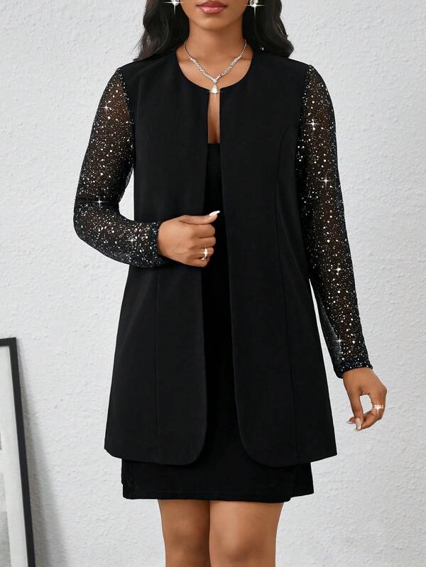 SHEIN Lady Rochie de damă cu mâneci din plasă cu paiete, sacou, haină, casual, rochie de afaceri, rochie de nuntă pentru invitați, rochii de birou pentru femei, rochii pentru femei, rochii de lucru pentru femei, rochii de damă Casaul4 iulie, 4 iulie pentru femei