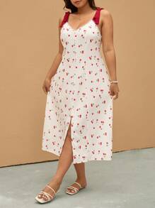 Elaquor Đầm dự tiệc thường ngày họa tiết quả anh đào cỡ lớn có dây buộc nơ xẻ tà màu khối - Nhiều màu - Xem 3