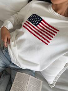 SHEIN EZwear 图案圆领长袖休闲套头衫 - 白色 - 查看 7