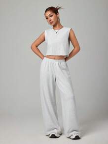 SHEIN PETITE 2pcs/Set Woman Solid Color Round Neck Casual Loose Top & Pants All White Outfit Set