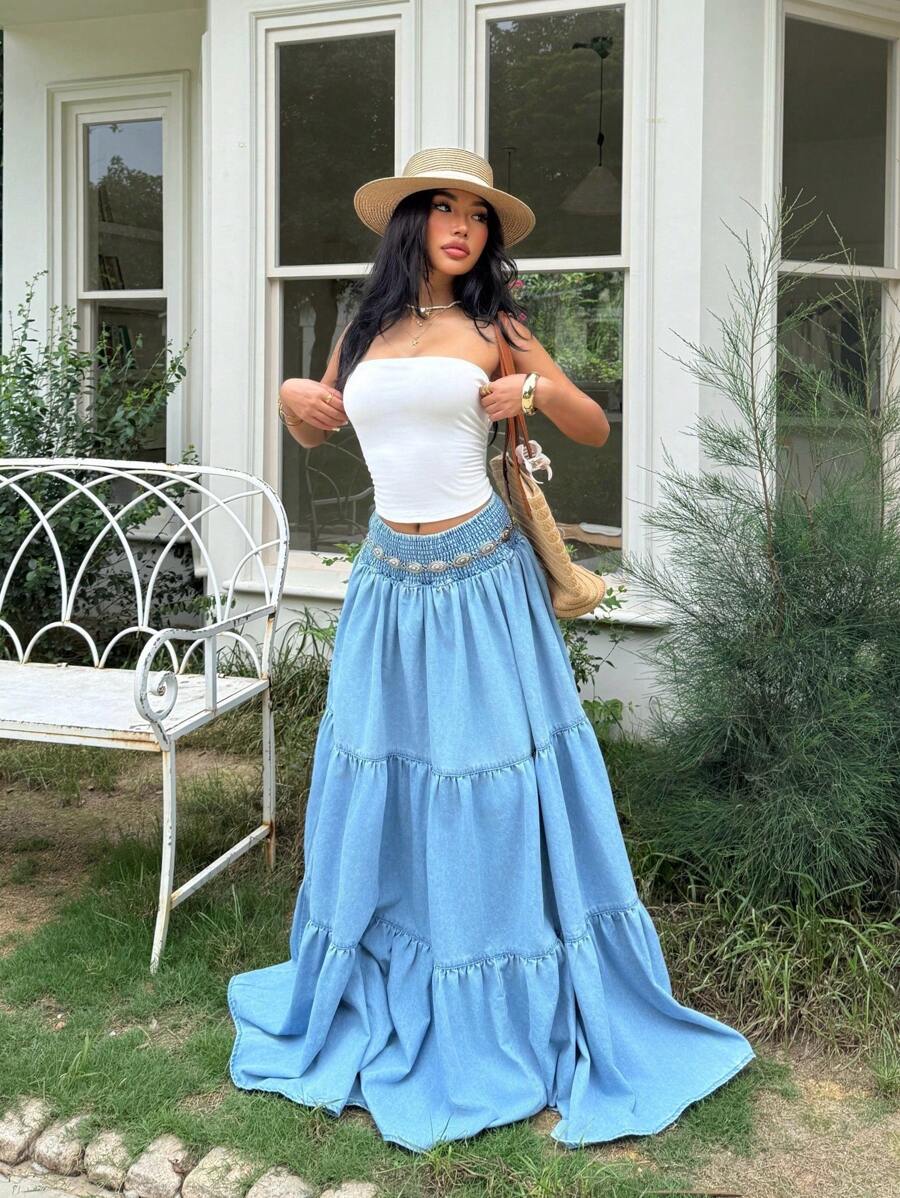 SHEIN EZwear 女士节日高腰加长荷叶边下摆牛仔迷你裙 - 淺色水洗藍 - 查看 1