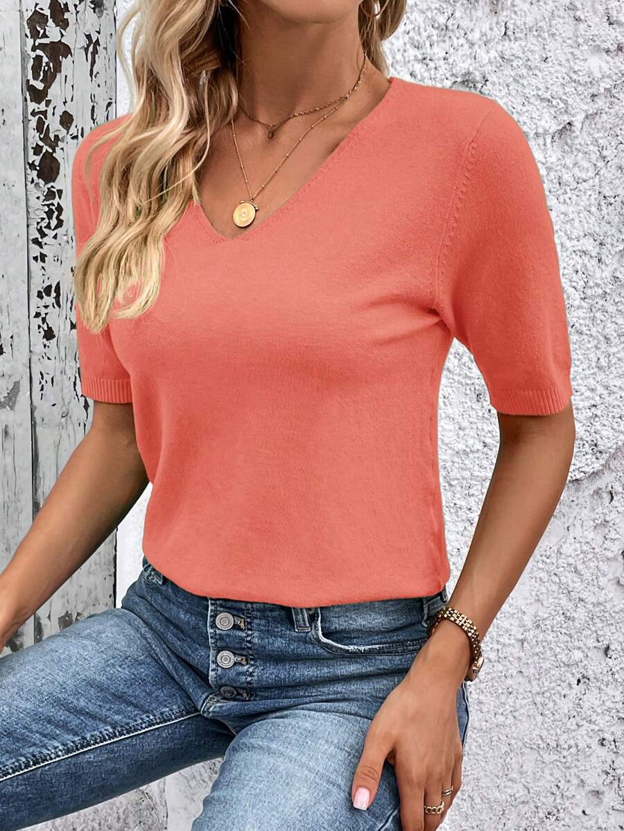SHEIN Clasi All-Match Solid V-Neck Casual Pullover Short Sleeve Knit Top - Coral Orange - View 1