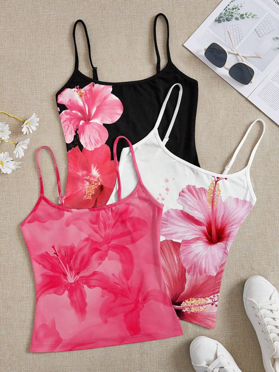 SHEIN EZwear 3 件套女士休闲简约花卉印花细肩带背心，适合夏季、度假、音乐节 - 彩色 - 查看 1