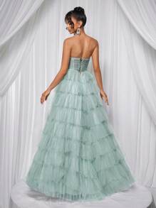 Glamrae Đầm Maxi hở lưng có thể điều chỉnh, dáng chữ A rộng rãi, viền tua rua màu xanh lá cây sáng bóng, lưới ombre màu xám thanh lịch, eo trong suốt, xẻ tà, phù hợp cho các buổi hẹn hò, kỳ nghỉ, đám cưới, sự kiện trang trọng - Cỏ xanh - Xem 3