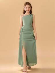 Elegantes Chiffon Spaghetti-Trägerklerid mit Volant und Schlitz für Mädchen, geeignet für Blumenmädchen, Brautjungfern, Hochzeiten, Geburtstagsfeiern, Abschlussbälle