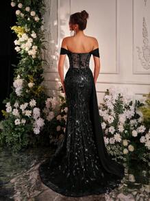 Glamrae Elegant Luxurious Off The Shoulder Gown With Embroidery, Sequins, Slit, Ruched, Side Flutter Hem, Suitable For Wedding, Party, Prom, Formal Occasion, Heavyweight Version, For Evening, Wedding Guest
