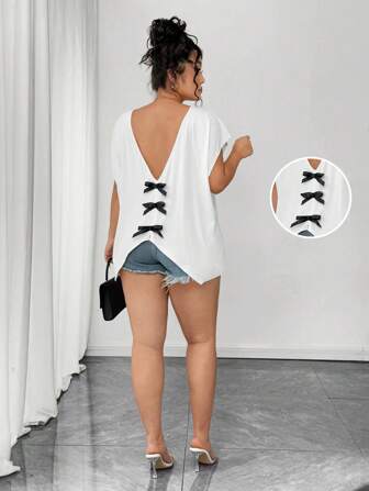 SHEIN CURVE+ 夏季大码V领露背T恤，蝴蝶结装饰，短袖