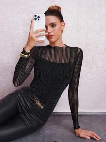 Lavishia Women Elegant Sexy Sparkling Gold And Silver Threads Mesh Tops - Black - View 3