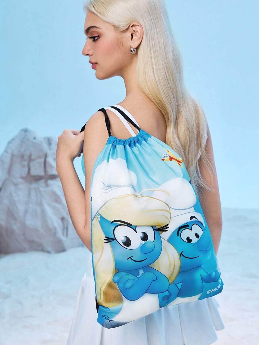 The Smurfs X SHEIN 卡通人物图案印花涤纶抽绳背包，健身包，背包，休闲包，旅行包，运动沙滩背包，男女皆宜
