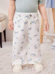 Baby Girl White And Blue Floral Ditsy Cotton Wide Leg Jeans,Cute Holiday Autumn Street Casual Ruffled Hem Denim Pants With Elastic Waistband,5-Pocket - White - View 4